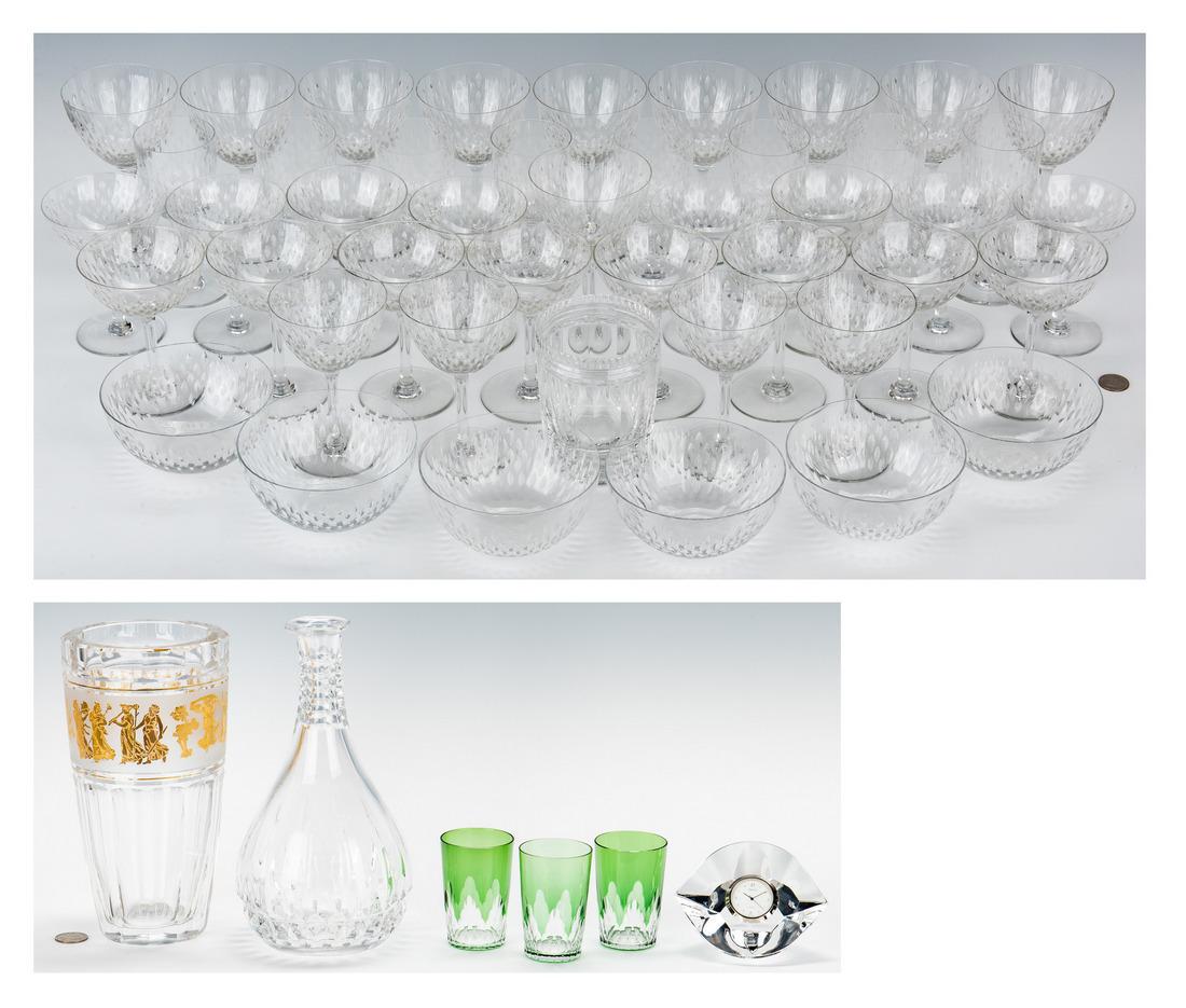 51 Crystal & Glass Items, incl. Baccarat, Val St.: Fifty-one (51) crystal and glass Items, including Baccarat, Val St. Lambert, and Orrefors. 1st-44th items: Group of forty-four (44) items Baccarat "Paris" pattern crystal stemware and tableware includ