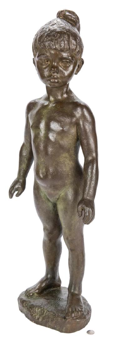 Marcello Tommasi, Bronze Sculpture of a Child: Marcello Tommasi (Italy, b. 1928) bronze sculpture of a standing little girl, nude, with her hair pulled into a bun on top of her head and arms slightly stretched out from her sides. Incised signature