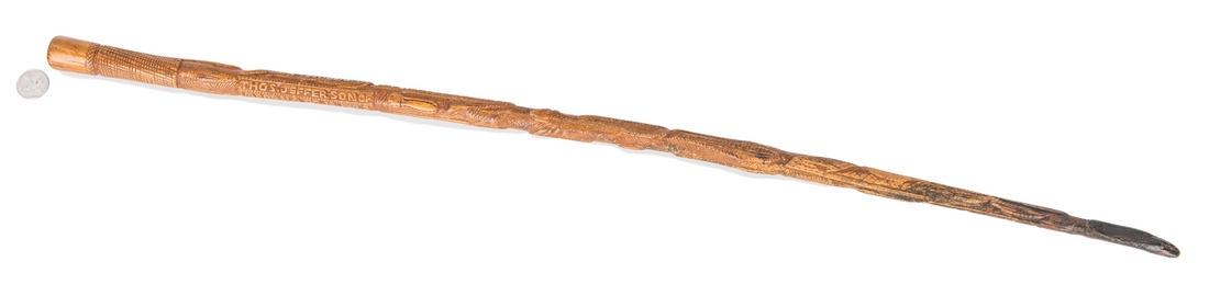 Thomas Jefferson Craddock VA Folk Art Cane: Thomas Jefferson Craddock (Albemarle County, Virginia, 1845-1918) relief carved wooden walking stick. Profusely chip carved and with multiple inscriptions reading, THOMAS JEFFERSON OF VA, BORN APR 13,