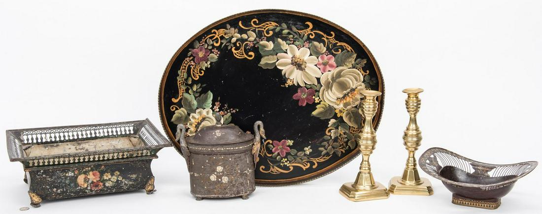 4 Toleware Items & Pr. Brass Candlesticks (1 of 16)