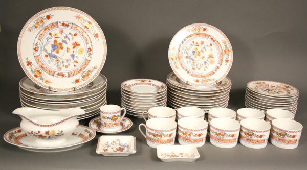 Bernardaud Limoges France service, Pondichery: Bernardaud Limoges France service, Pondichery pattern. Asian influenced style porcelain service, marked on bottom, "Bernardaud Limoges France Pondichery". Consisting of 10 dinner plates (10 1/4" diame
