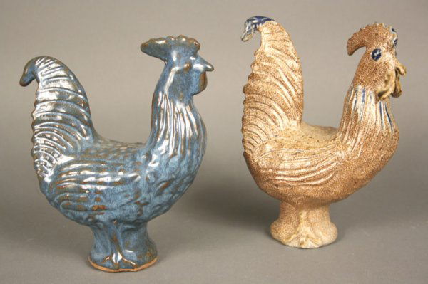 Charles Moore folk pottery chickens: North Carolina folk pottery chickens by Charles Moore (1935-2007). Brown glazed rooster with cobalt highlights and blue glazed rooster. Both marked on bottom, "Charles Moore" and blue rooster also sta