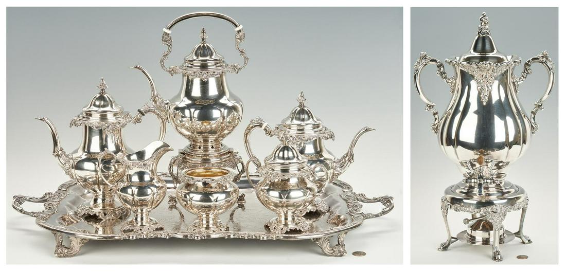 Wallace Grand Baroque Sterling Tea Set plus Urn, Tray: Wallace Grand Baroque 6-piece Sterling Silver Tea Service plus silverplated hot water urn and associated tray. 6 piece sterling tea set includes sterling Kettle on Stand with burner, teapot, coffee po