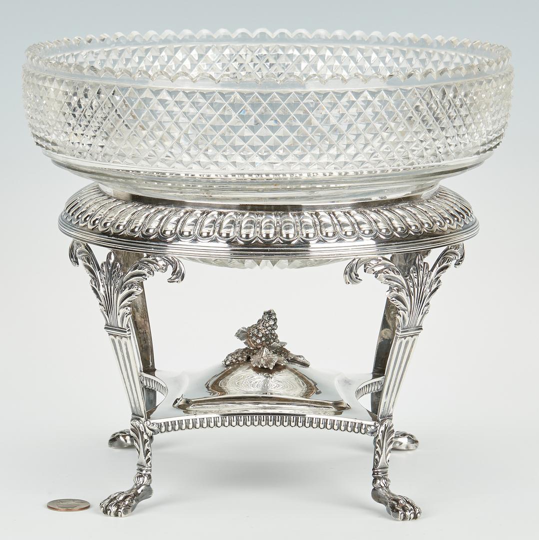 Emes & Barnard Georgian Sterling Centerpiece with Cut: Rebecca Emes and Edward Barnard George III Neoclassical sterling silver centerpiece with cut glass bowl, set in a circular gadrooned frame with four reeded legs having leafy pierced capitals and paw f