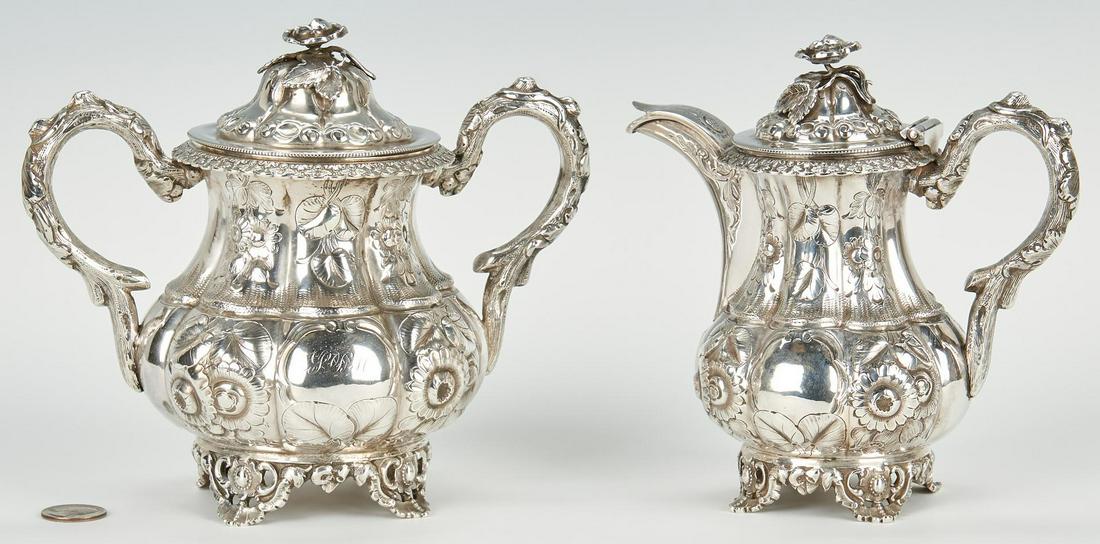 Alabama Coin Silver Sugar & Creamer, W. V. Moore: Scarce Alabama coin silver covered sugar bowl and cream pitcher, marked W.V. MOORE in rectangle (W. V. Moore & Co., silversmith & jeweler, working Mobile, c. 1844-1861), each having lobed bodies with 
