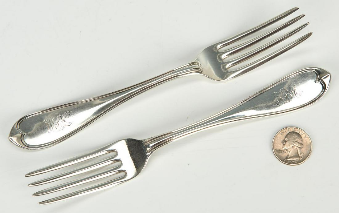 Two Coin Silver Forks, Bell & Bros. TX: Two (2) coin silver forks, fiddle thread pattern handles stamped "coin" with incuse retailer marks "BELL & BROTHERS," San Antonio, Texas, plus pseudohallmark for James Watt (Philadelphia, PA, working