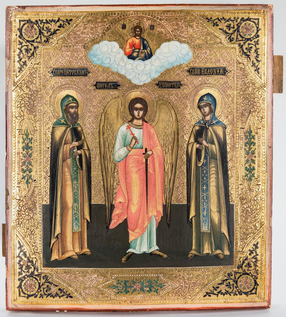 Russian Icon w/ Saints and Archangel: Russian icon comprised of polychrome tempera paint and heavy gilt embellishments on cradled wood panel depicting St. Peter, the Archangel Michael, and Saint Evdokia, surmounted by an image of Christ i