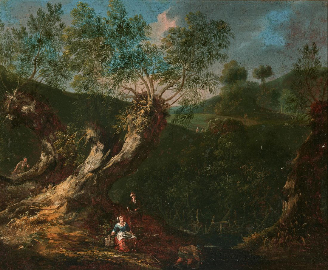 17th Cent. Dutch School Oil Landscape: 17th century Dutch or Flemish school landscape painting, oil on fabric, professionally mounted on board. Depicts a young woman seated below a tree, next to a stream, and talking with a man while anoth