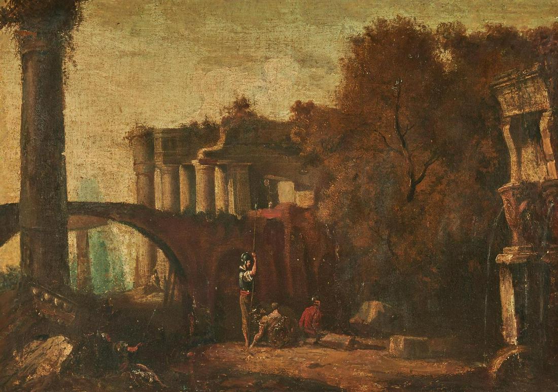 Style of Hubert Robert, 18th C. Landscape with Roman: Style of Hubert Robert (French, 1733-1808), 18th century oil on canvas Continental landscape depicting a soldier holding a spear, standing beside two men seated on the ground, with Roman ruins towerin