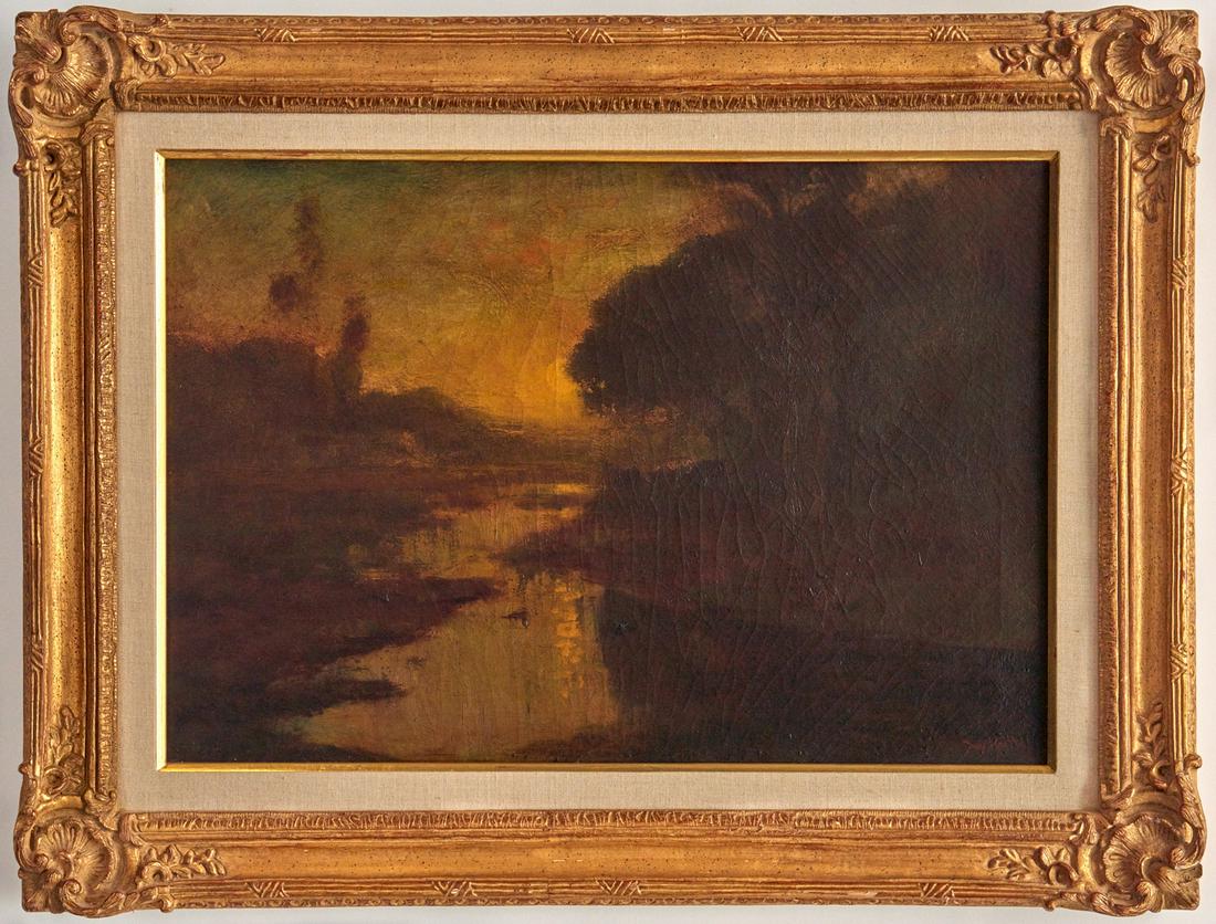William Keith O/C, River Landscape at Sunset: William Keith (California/Scotland, 1838-1911) oil on canvas plein-air landscape painting depicting a river scene at sunset. Signed lower right corner "W. Keith/S.F.". Housed in a contemporary carved