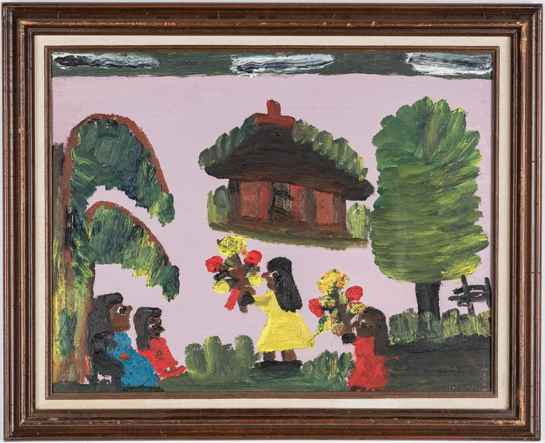 Clementine Hunter O/B Nativity Scene, Children with: Clementine Reuben Hunter (Louisiana, 1886-1988) oil on canvasboard folk art painting, Southern "Nativity" or "Mary with Child" scene, depicting with young girls in brightly colored dresses bringing fl