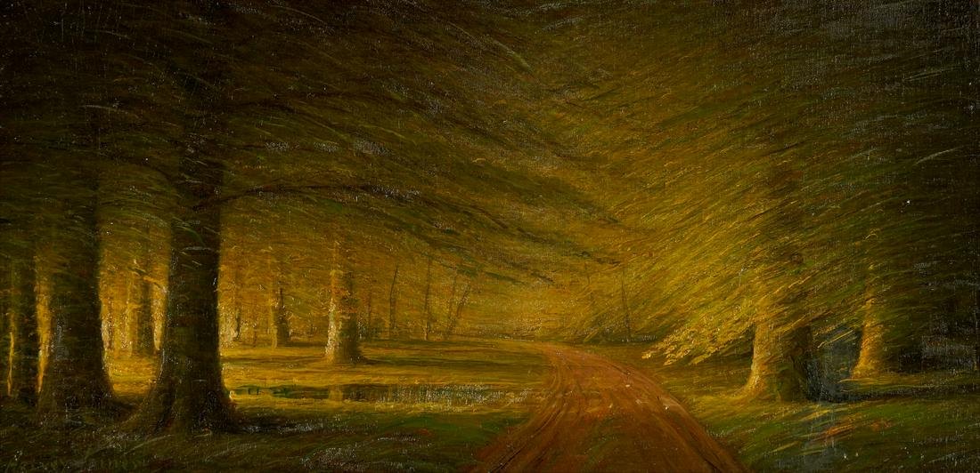 Harvey Joiner O/B Forest Landscape: Harvey Joiner (Kentucky/Indiana, 1852-1932) oil on board landscape painting depicting sunlight breaking through a grove of trees onto a forest path. Signed "Harvey Joiner" in green, lower left. Housed