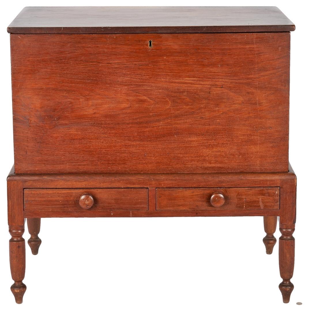 Southern Sheraton Walnut Sugar Chest, KY or TN: Kentucky or Middle Tennessee Sheraton walnut sugar chest, poplar secondary. Two (2) part construction comprised of a rectagular box on frame, one board hinged top with batton supports to the underside