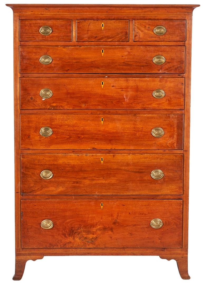 Inlaid Tall Chest of Drawers, poss. Southern: Federal walnut tall chest of drawers, poplar secondary, possibly Tennessee. Comprised of a cove molded cornice over string inlaid frieze and three-over-five graduated dovetailed drawers fitted with ov
