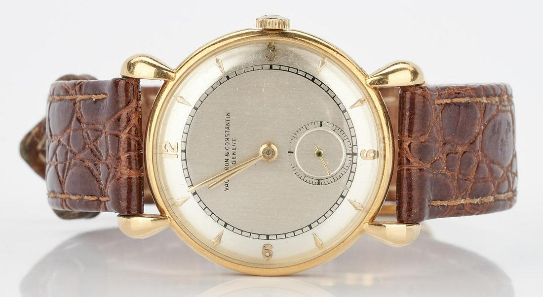 Men's 18K Vacheron & Contantin Wristwatch: 18K yellow gold men's Vacheron & Constantin mechanical wristwatch with Speidel leather strap. Silver dial with second sub dial at 6. Movement# 483431. Case# 315459. Provenance: Dr. Joseph and Mrs. Jos