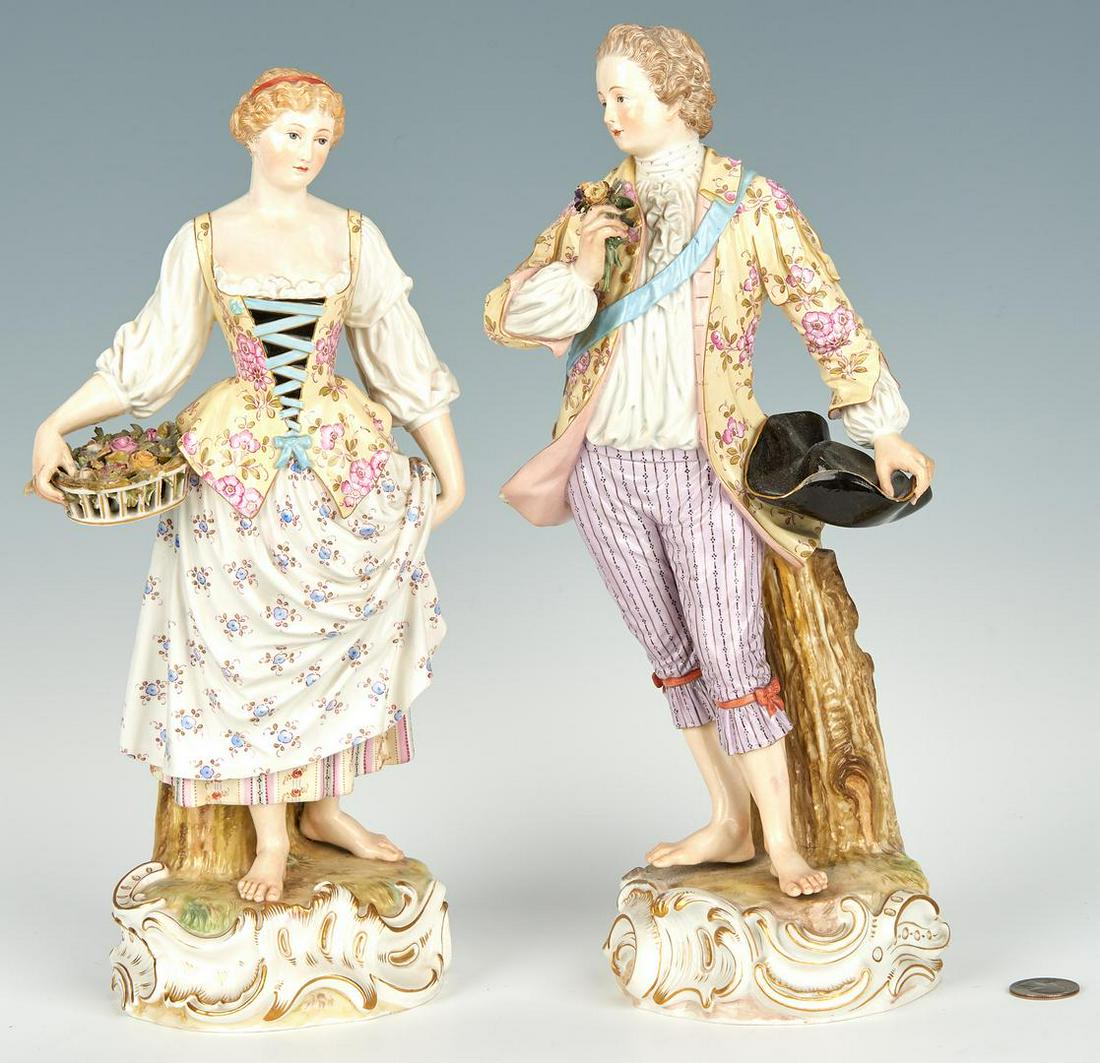 Pr. German Meissen Porcelain Figures: Pair of large German Meissen polychrome and parcel gilt porcelain figurals, both figures attired in 18th century dress on naturalistic bases, the female figure carrying a basket of flowers, the male c