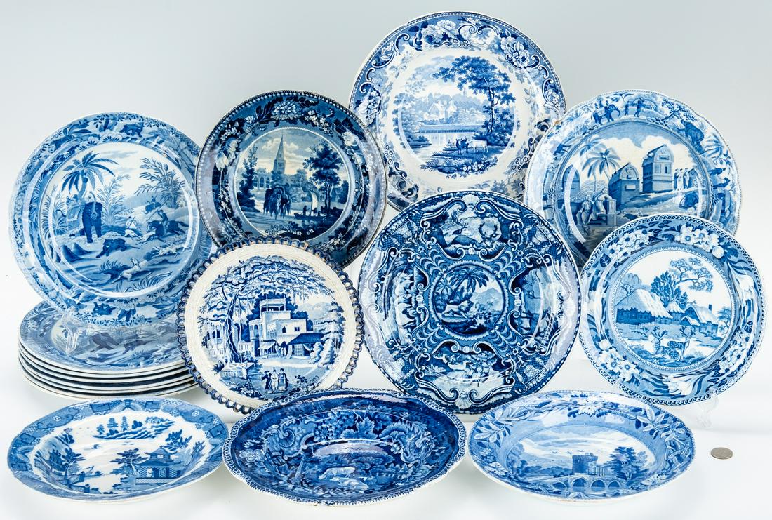 17 Historical Staffordshire & Spode Items: Grouping of seventeen (17) Blue and White Historical Staffordshire and Spode transfer printed plates and bowls, most with scalloped rims. 1st-8th items: Eight (8) Staffordshire Clews Death of the Bear