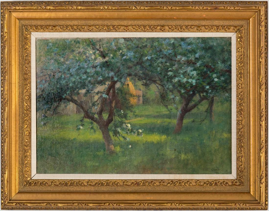 Walter Clark O/C, Spring Landscape: Walter Clark (American, 1848-1917) oil on canvas painting depicting a Spring landscape with flowering trees in a green meadow, a small house in the background. Signed "W. Clark" lower right. Housed in
