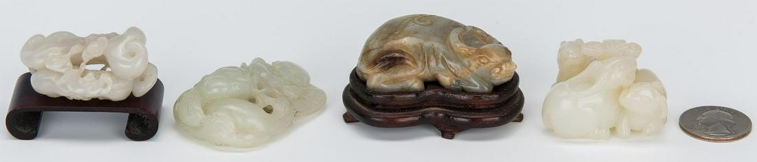 4 Chinese Carved Jade Items: Four (4) Chinese carved jade pieces, including one (1) recumbent bull figure with hardwood stand, one (1) twin bunny figure with Lingzhi, one (1) twin bat figure with flowering branches, and one (1) y