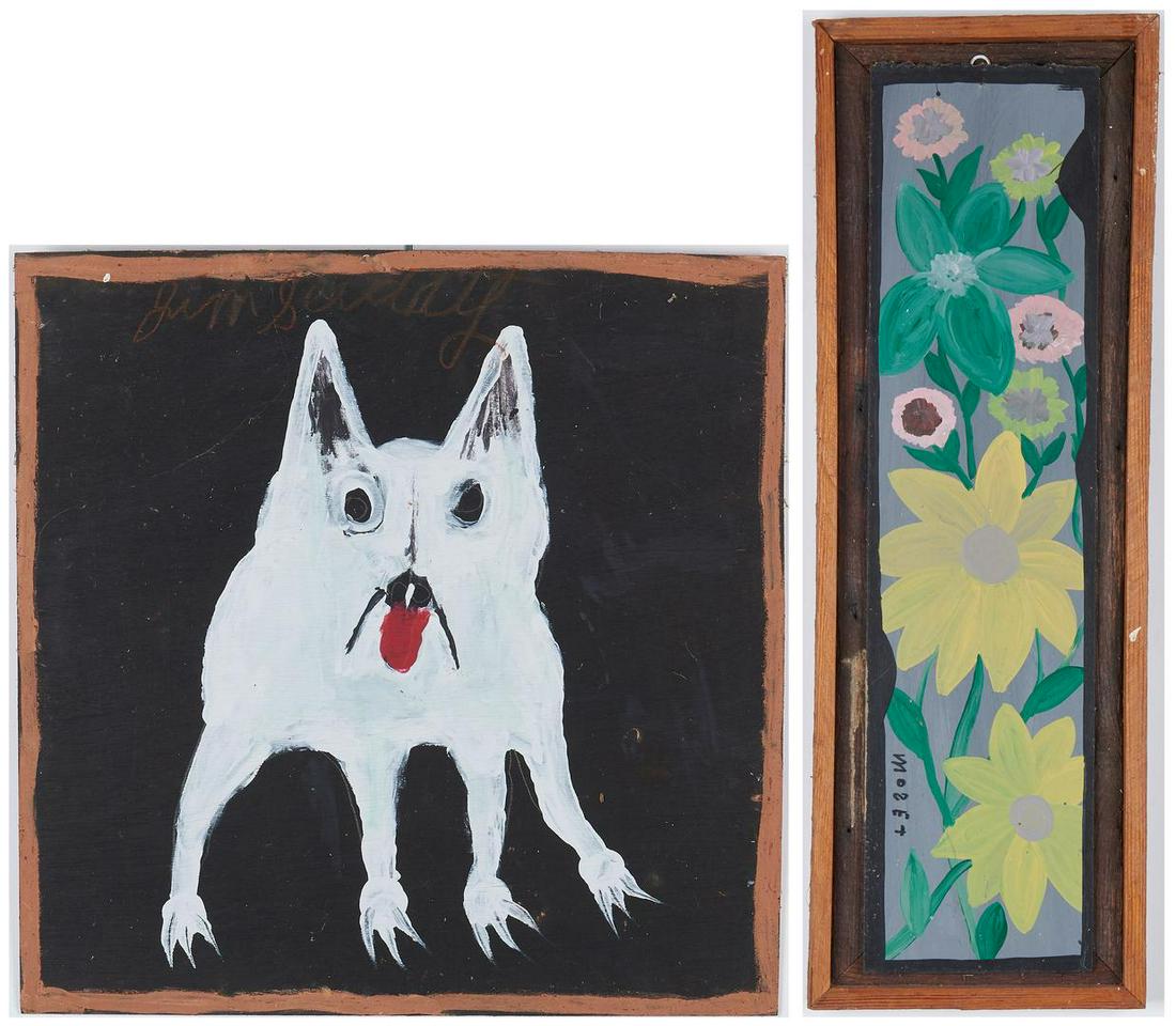 2 Folk Art Paintings, incl. Sudduth, Mose Tolliver: Two (2) Folk Art Paintings by Jimmie Lee Sudduth and Mose Ernest Tolliver. 1st item: Jimmie Lee Sudduth (Alabama, 1910-2007) oil on board painting titled "Toto" depicting a white dog against a black b