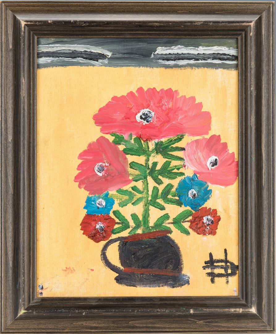 Clementine Hunter painting, Bouquet of Flowers: Clementine Reuben Hunter (Louisiana, 1886-1988) oil on canvasboard folk art painting depicting a bouquet of flowers against a bright yellow backdrop with flat grey sky at top. Monogram signature lower