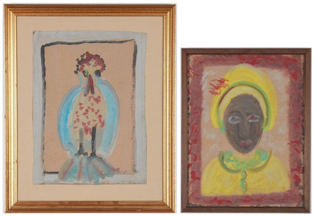 2 Sybil Gibson Outsider Art Mixed Media Paintings,: Two (2) Sybil Gibson (Alabama, 1908-1995) outsider art mixed media on paper paintings. 1st item: Pastel on paper depicting a rooster surrounded by a white border. Signed lower right. Float mounted und