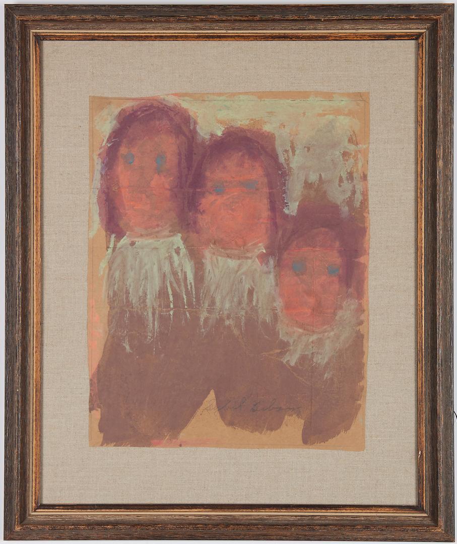 Sybil Gibson Outsider Painting, Three Children: Sybil Gibson (Alabama, 1908-1995) outsider art mixed media on paper painting depicting three girls with red hair, blue eyes, wearing brown dresses with white collars. Signed lower center. Float mounte