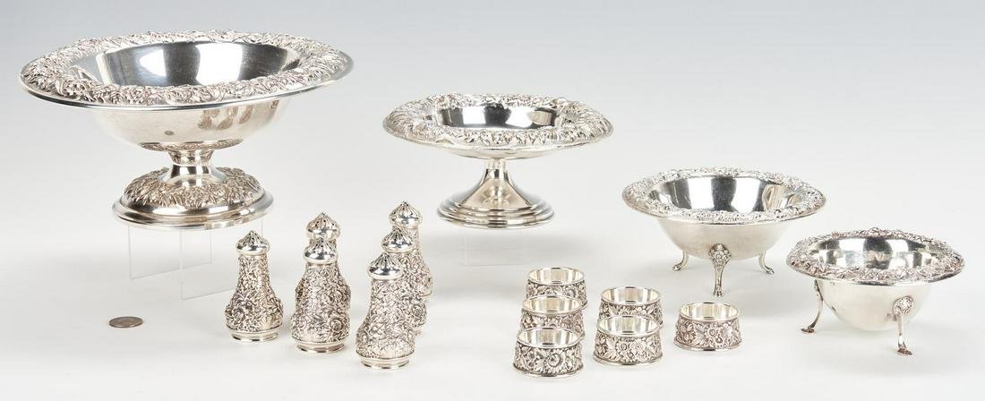 Kirk Repousse Compotes and Salt Holders, 16 pcs: 16 pieces Kirk Repousse pattern sterling silver holloware, including compotes, salt cellars and shakers. 1st Group: 6 salt cellars and 6 pepper shakers, all pieces stamped S. KIRK & SON STERLING 59A. 