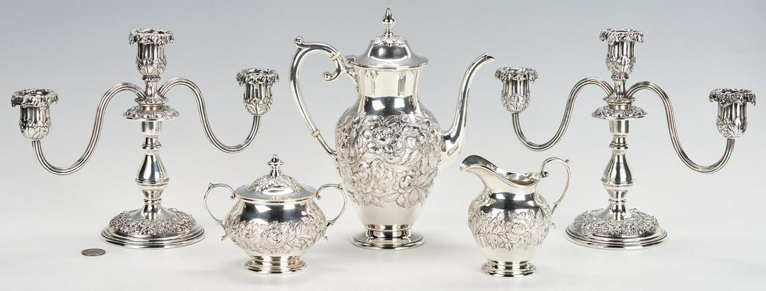 Kirk Repousse Sterling Tea Set and Candelabra: S. Kirk & Son Hand Decorated 3-piece sterling silver tea set in the Repousse floral pattern, plus a pair of Kirk Repousse pattern convertible candelabra. 1st through 3rd items: Three piece Kirk tea se