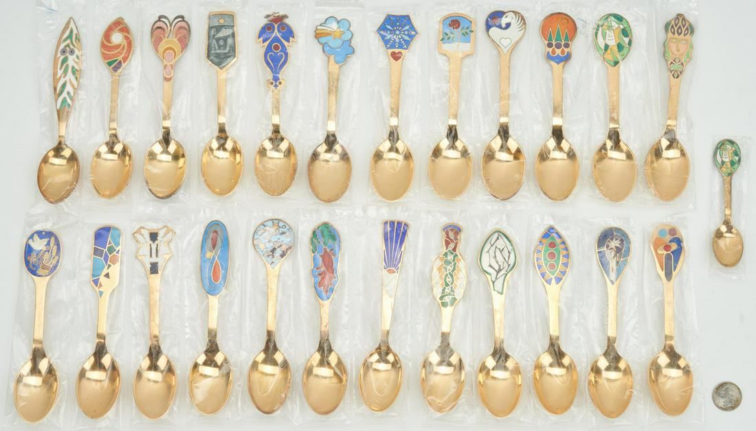 25 A. Michelsen Gilded Sterling Silver Christmas: 25 Anton Michelsen gold plated with inlaid enamel sterling silver Christmas spoons, circa 1970-2000. Spoons designed by Danish artists and manufactured by Anton Michelsen, Copenhagen, Denmark. Include