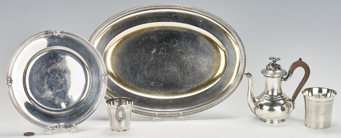 5 pcs. French Silver incl. Biennais, Christofle: 1st item: Gilt-silver oval plate or tray with palmette border, Paris 1st standard marks for 1798-1809 with engraved mark "Biennais," possibly the workshop of Martin-Guillaume Biennais (1764-1843, acti