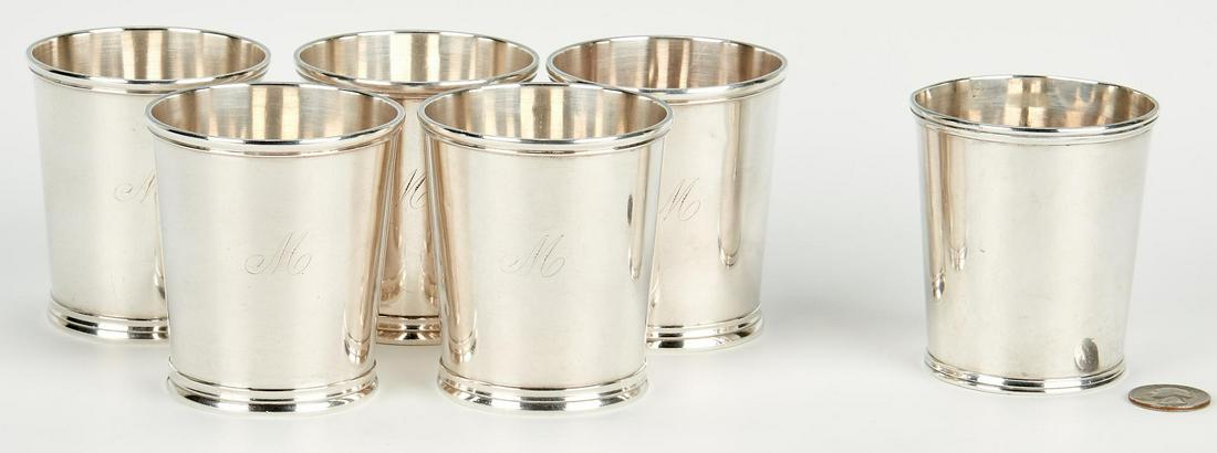 6 Mint Julep Cups, incl. Wood & Hughes, Duhme & Co.: Assembled group of six (6) silver mint julep cups, including Wood & Hughes, Duhme & Co. 1st-5th items: Set of 5 Wood and Hughes (New York, 1845-1899) sterling silver mint julep cups with rolled upper