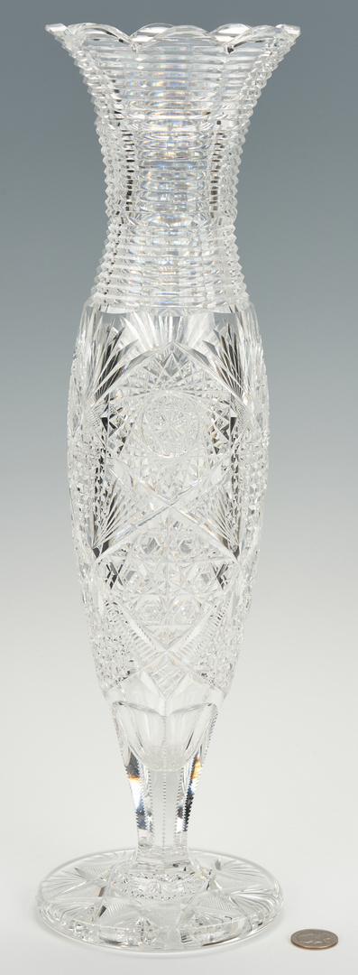 ABPCG Vase with Stepped Cut Neck, 17" H: Large American Brilliant Period Cut Glass Vase, attributed to Dorflinger. Scalloped and flared step cut rim and narrow, step cut collar over a body cut with fans, hobstar and square diamonds and a fac