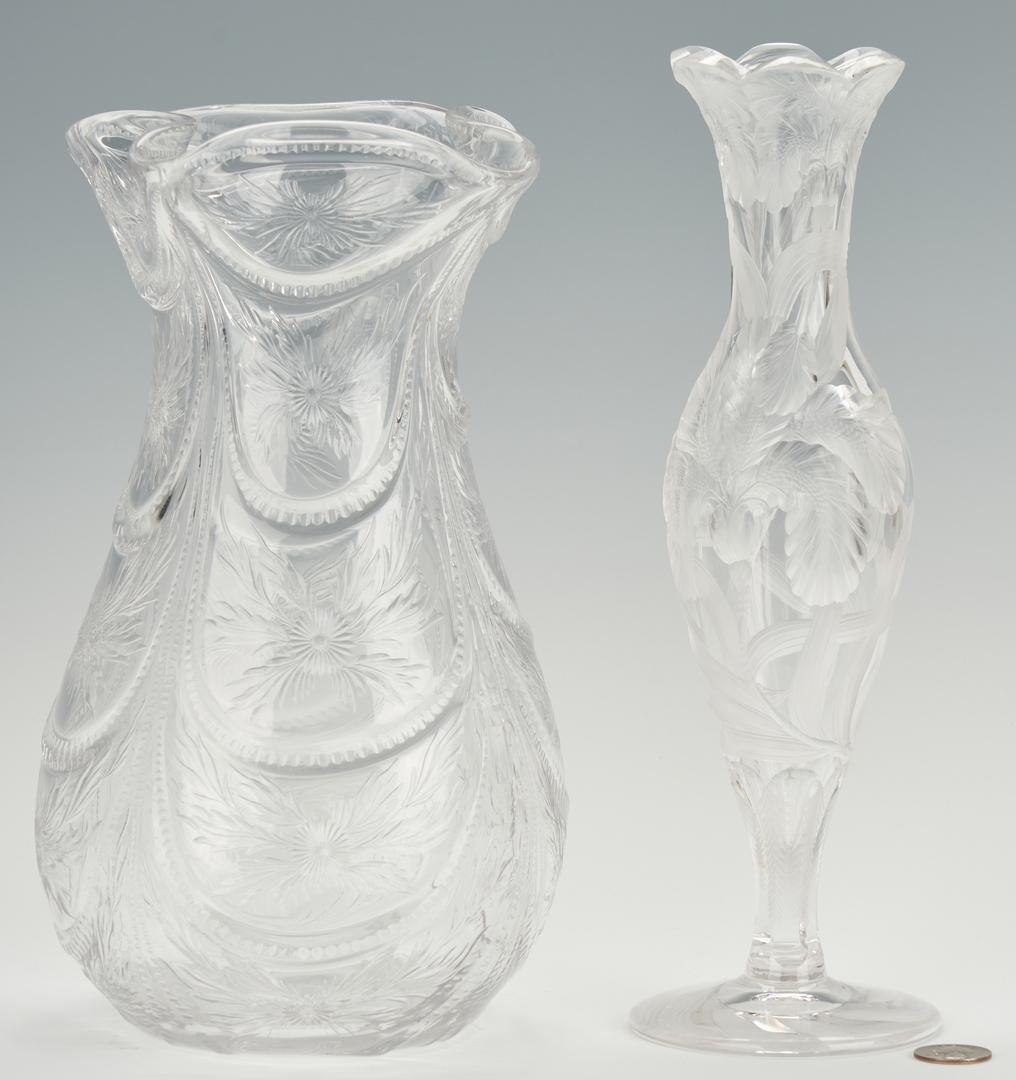 2 Intaglio Cut Vases, Tuthill Iris and Hawkes Signed: Two (2) Intaglio Cut Glass Vases. 1st item: Art Nouveau Vase attributed to Tuthill in the scarce Field Iris pattern. Ref. Bill and Louise Boggess, IDENTIFYING AMERICAN BRILLIANT PERIOD CUT GLASS, p. 2