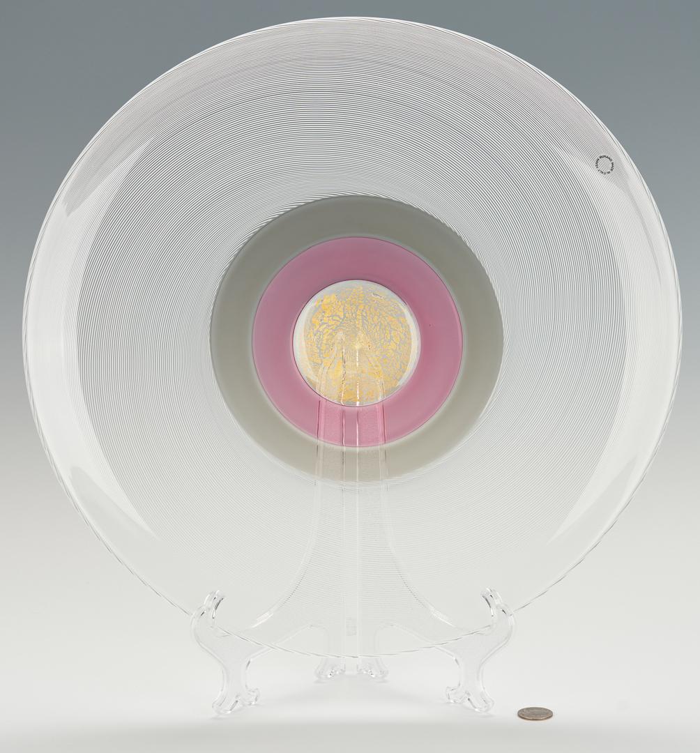 Murano Venini Glass 3 Way Incalmo Charger by Tapio: Murano Venini blown charger or plate "filigfana" glass with three "incalmi" designed by Tapio Wirkkala (Finnish, 1915 - 1985) for Venini. Comprised of a mottled gold, pink and clear glass center with