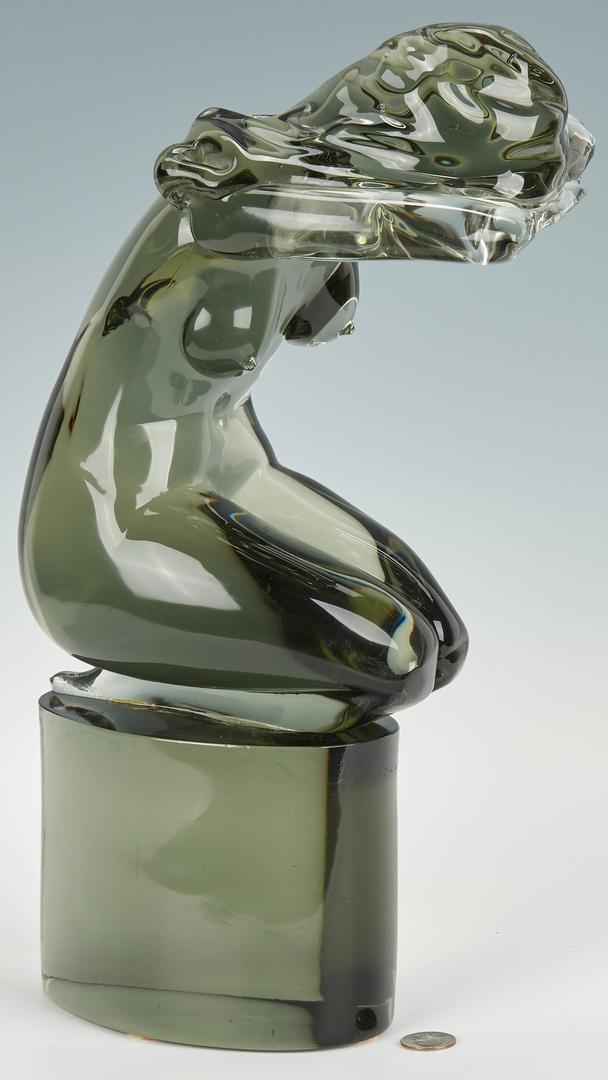 Loredano Rosin Murano Female Nude Art Glass Sculpture: Loredano Rosin (Italy, 1936-1992) Murano black art glass sculpture of a crouching female nude, her face shielded by her arms on a cylindrical base. Signed "L. Rosin" top of base. 17 1/4" H x 9 1/4" W 