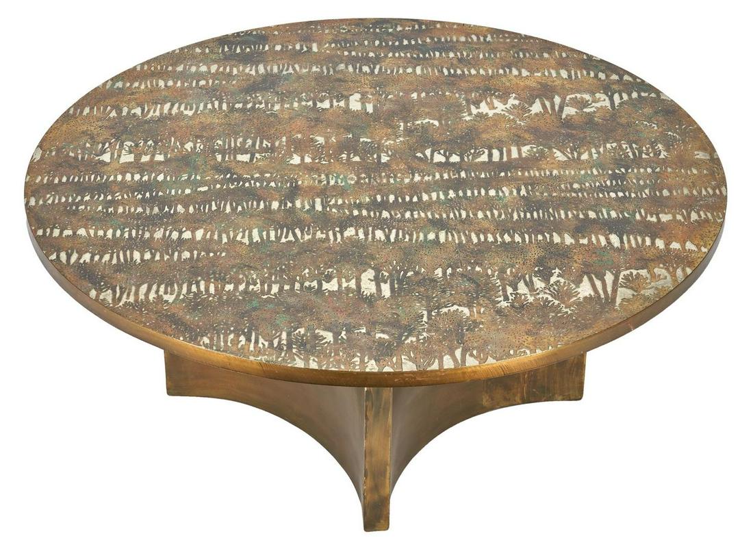Philip & Kelvin Laverne "Eternal Forest" Coffee Table: Phillip (1908-1988) and Kelvin LaVerne (active 1960/1970) "Eternal Forest" design coffee table, low round form; the top having an acid-etched, enameled and patinated bronze and pewter forest design ov