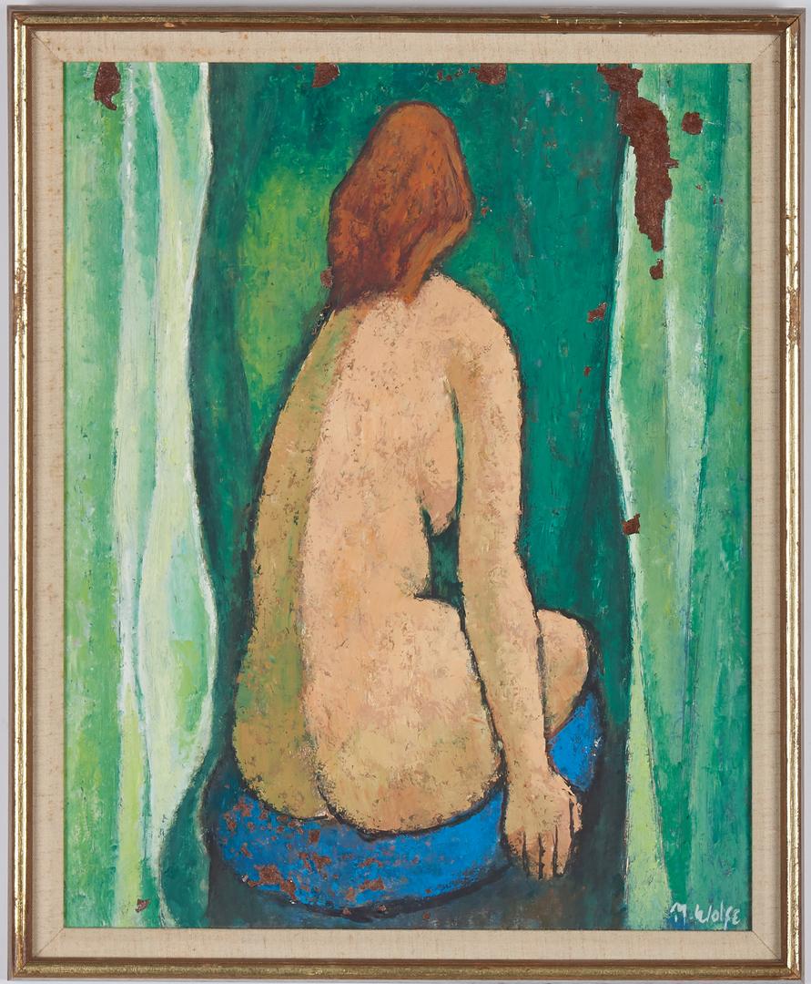 Meyer Wolfe O/B, Nude Painting: Meyer (Mike) R. Wolfe (New York/California/Tennessee, 1897-1985) abstract oil on board painting depicting the back of a nude female, seated on a blue cushion against a green backdrop. Signed "M. Wolfe