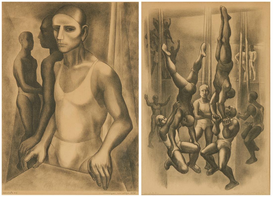 2 Meyer Wolfe Lithographs of Acrobats: Two (2) Meyer (Mike) R. Wolfe (New York/California/Tennessee, 1897-1985) lithographs on paper one (1) titled "Acrobats # 3" and one (1) titled "Acrobats # 5" depicting acrobats. Both titled in pencil,