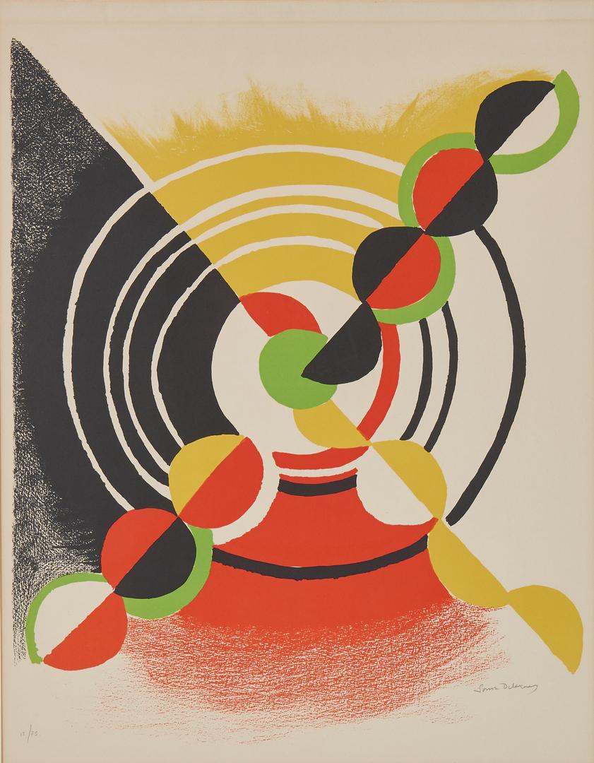 Sonia Delaunay Lithograph, Work: Sonia Terk Delaunay (France/United States/Russian Federation/Ukraine, 1885-1979) Orphic lithograph in colors on Arches paper titled "Work", depicting two perpendicular lines bisecting black, white, re