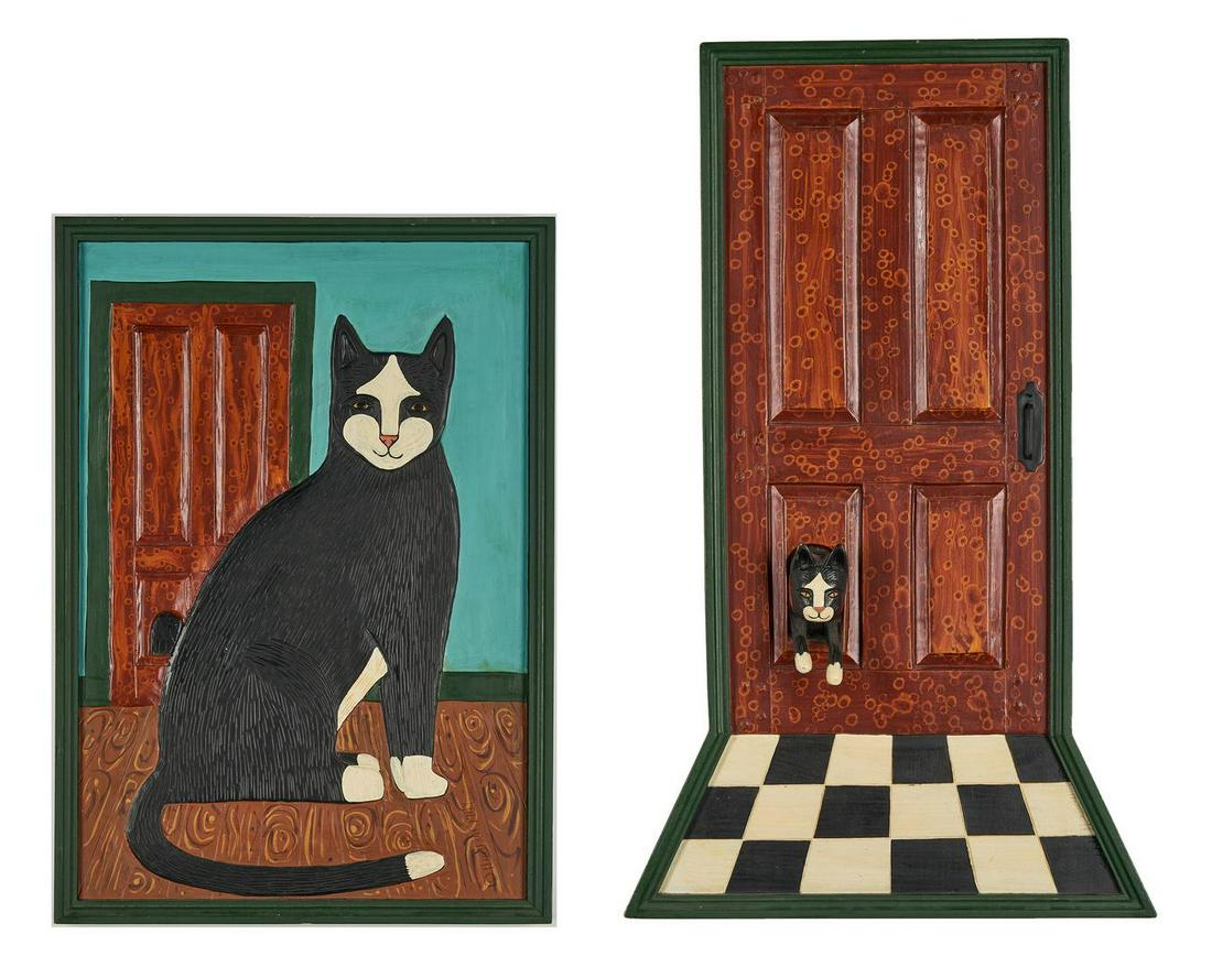 2 Stephen Huneck Cat paintings: Two (2) Stephen Huneck (Vermont 1948-2010) carved and painted cat related artworks. 1st item: Low relief carved and painted depiction of a black and white cat, sitting inside a room with door in the b
