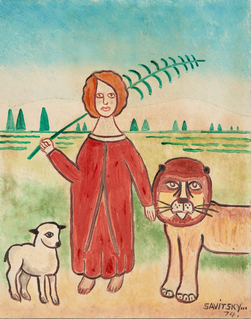 Jack Savitsky Painting, Lion and Lamb: Jack Savitsky (Pennsylvania, 1910-1991) oil on board "Peacable Kingdom" style painting depicting a child standing with a lion and lamb. Signed and dated "Savitsky '74" lower right. Float mounted in a