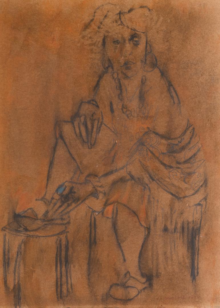 Zero Mostel Graphite & Pastel Drawing, Seated Woman: Zero Mostel (New York, 1915-1977) graphite and pastel on paper drawing depicting a seated woman wearing beaded necklaces and a floral shawl, her left hand adjusting her shoe. Signed and dated "Mostel