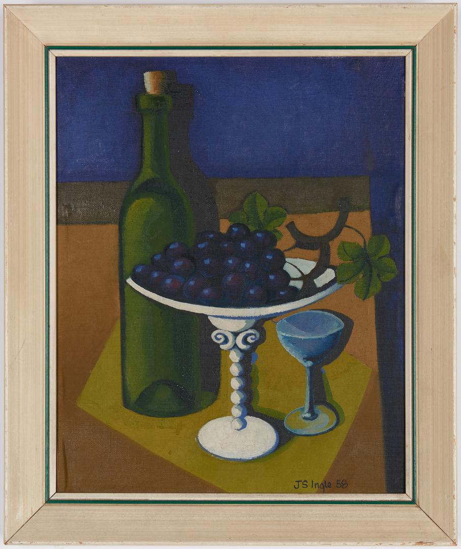 John Stuart Ingle O/B, Abstract Still Life: John Stuart Ingle (Minnesota, 1933-2010) oil on board abstract still life painting depicting a compote with grapes, a glass, and a wine bottle on a table comprised of cubist shapes. Signed and dated "