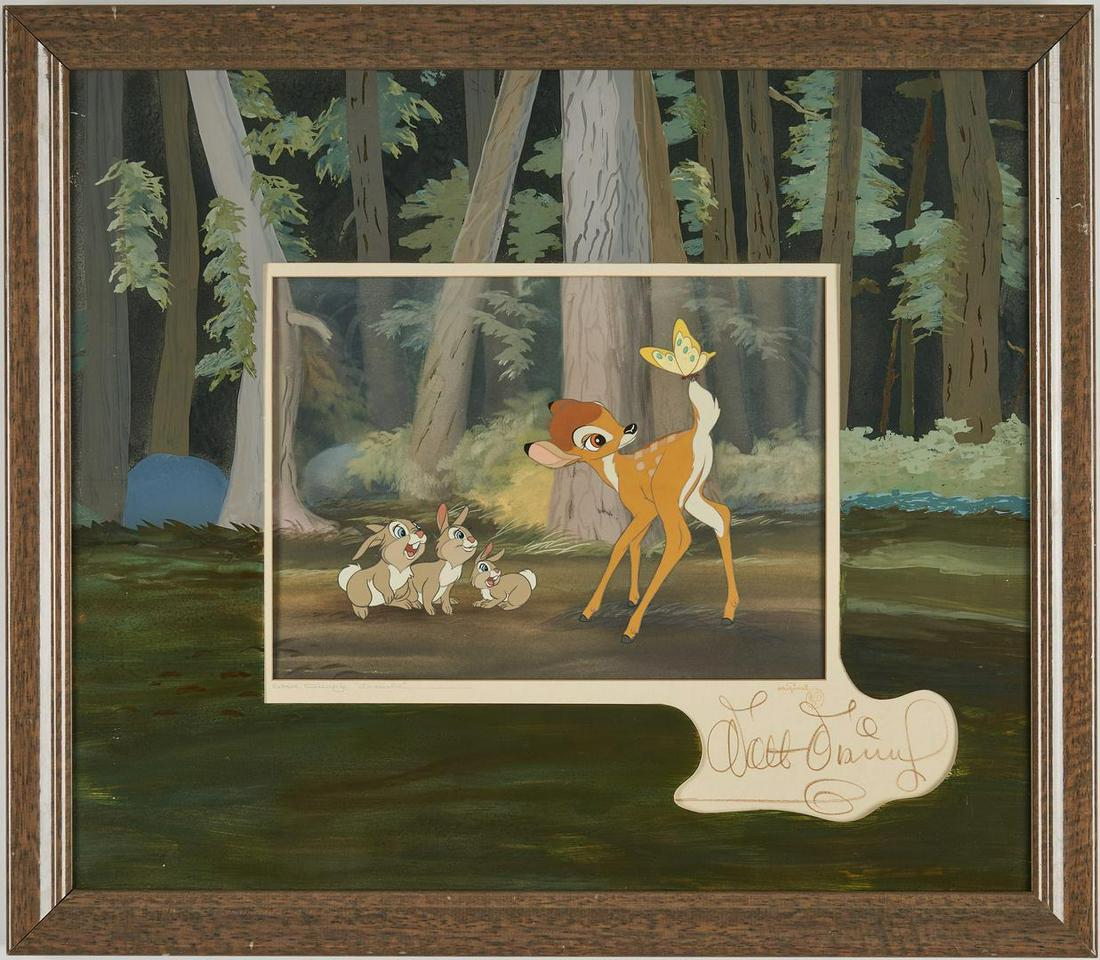Walt Disney signed Bambi animation cel, 1942: Original Bambi (1942) animation cel, trimmed, depicting Bambi, butterfly, and rabbits, applied to a watercolor background inscribed in pencil 0048 Seq 06.0, stamped on map Original WDP, inscribed Walt