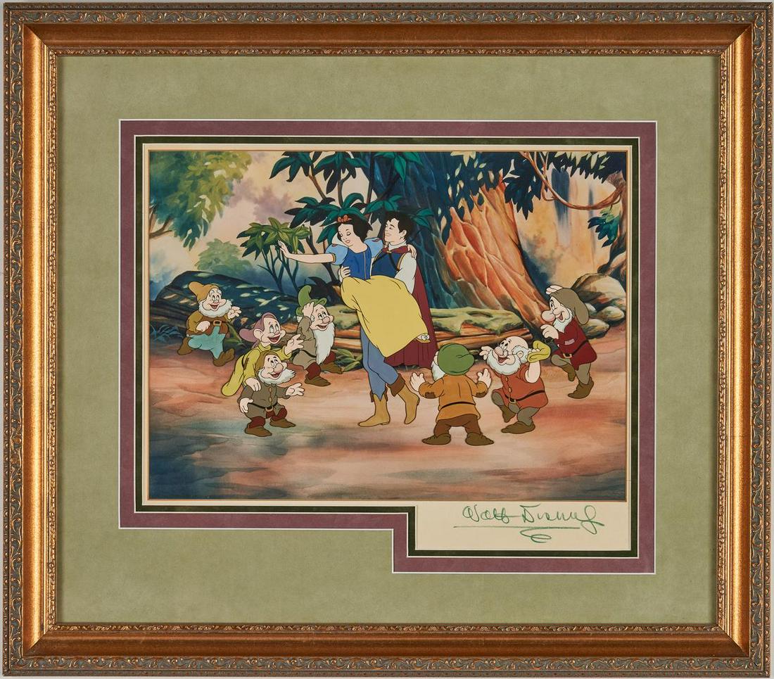 Walt Disney signed Snow White Animation Cel: Snow White animation cel, depicting the Prince carrying Snow White, surrounded by cels of the rejoicing Seven Dwarves. Handpainted cels from the limited edition of 500, circa 1993, sold by Disney Art