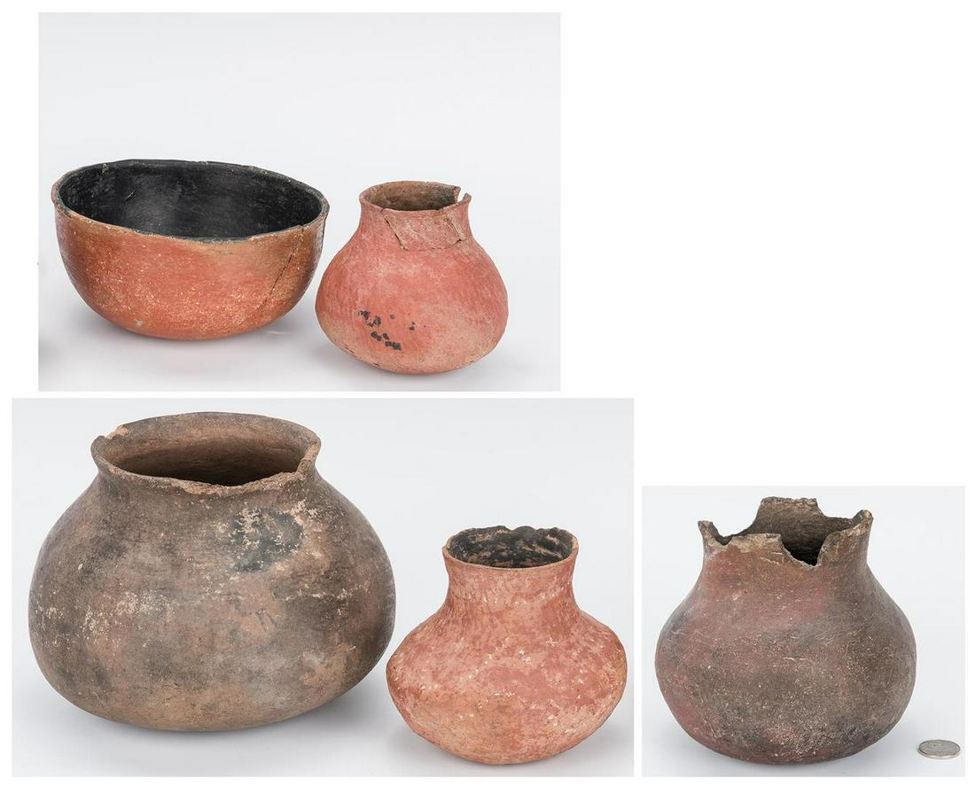 5 Native American Pottery Pots, Salado & Gila Rive: Group of four (4) Native American Southwest Salado culture pottery pots, including three (3) olla forms and one (1) bowl. Two (2) ollas and bowl are redware examples, one (1) redware olla with additio