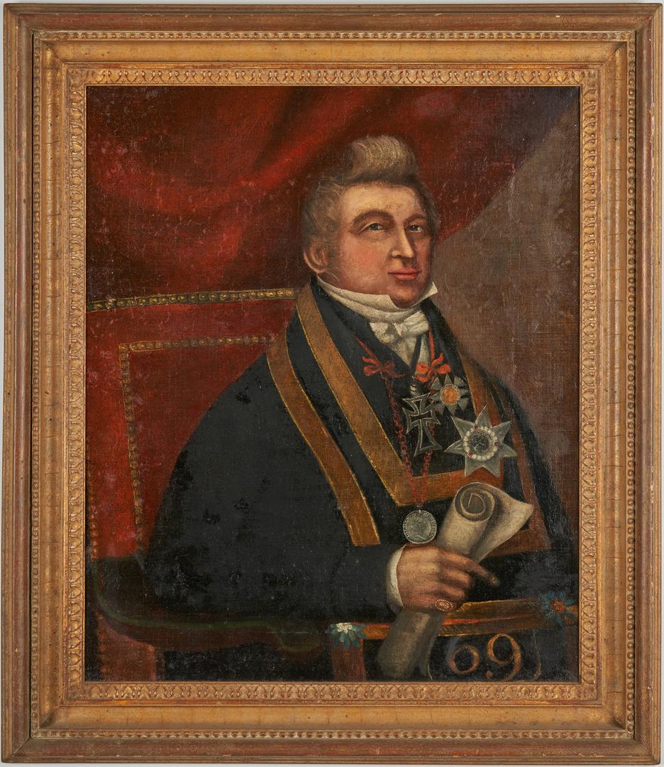 Portrait of a Man with Memento Mori and Wm. III: Continental School, 18th century, oil on canvas portrait of a gentleman wearing a robe with ornate trim, cross, and several medallions, including two portrait medals depicting the profile of William I