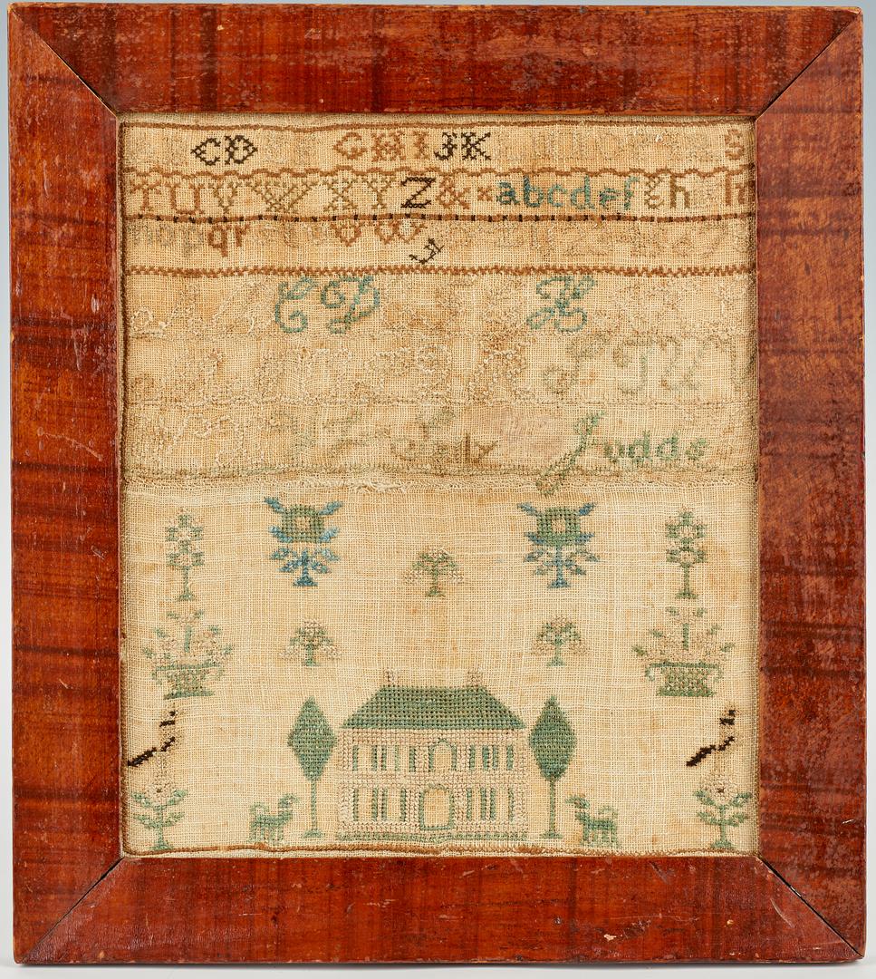 Kentucky House Sampler, Sally Judd: Schoolgirl needlework sampler, attributed to Kentucky; stitched by Sally Judd circa 1845. Silk on linen, the upper half with 2 upper case alphabets (one in script) and 1 lower case alphabet, name with
