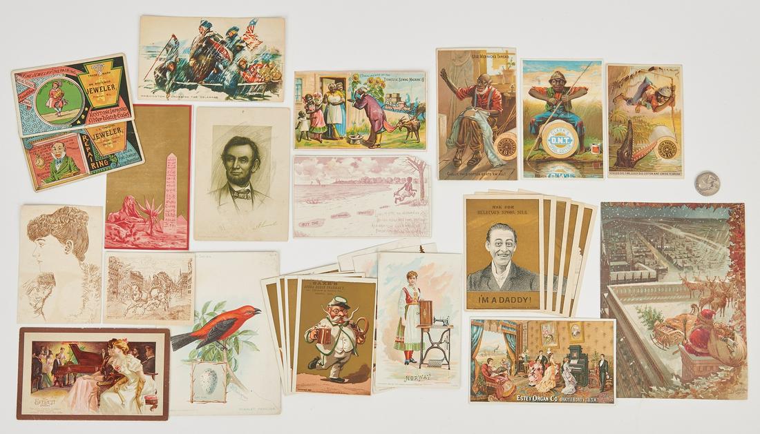 Large Collection Music and Sewing Trade Cards/Calendars: Approximately one thousand two hundred and seventy-five (1,275) advertising trade cards and calendars, relating to sewing and sewing machines; pianos, organs, music houses, insurance, newspapers, jewe